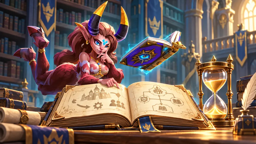 Персонаж Lords Mobile с рогами и синей книгой изучает раскрытый том рядом с песочными часами в библиотеке.