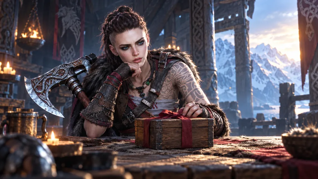 Героиня Viking Rise с татуировками и топором у закрытого подарка