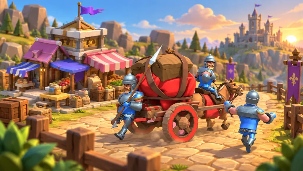 Красная повозка с грузом и синие стражники у торгового поста Lords Mobile с фиолетовыми крышами. ИИ-иллюстрация.