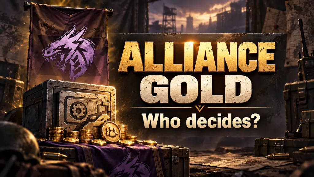 A safe of gold and a purple alliance flag: an editorial AI illustration inspired by the Doomsday alliance menu, with English lettering.