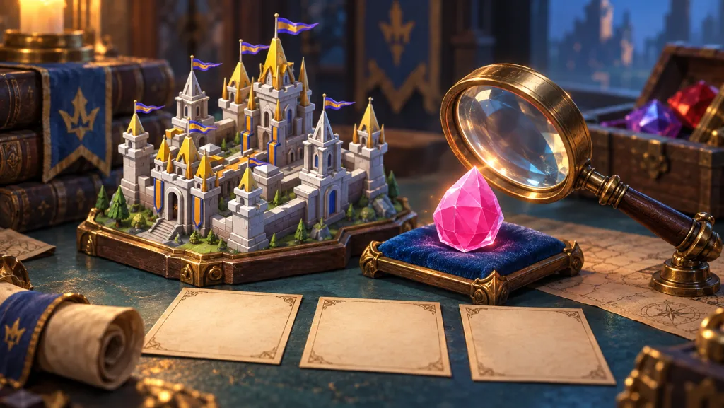 Замок и розовый самоцвет по референсам Lords Mobile на столе оценщика с лупой. ИИ-иллюстрация.