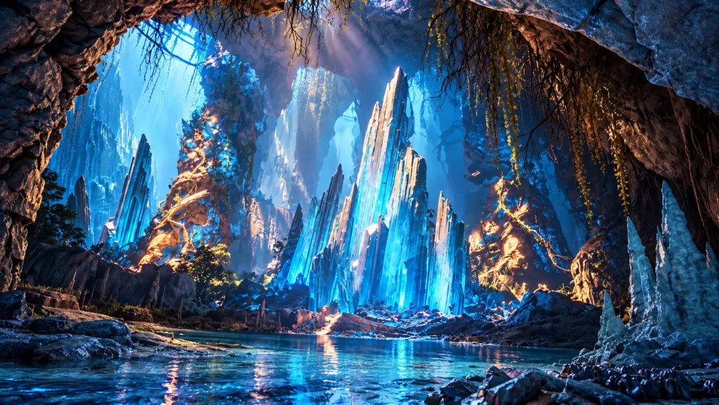 Светящиеся синие кристаллы и вода в пещере AION 2