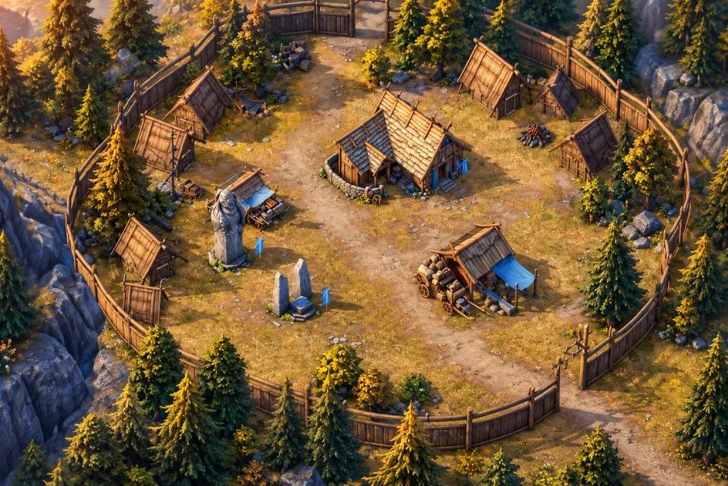 Деревня Viking Rise: деревянный зал и торговый навес с синей тканью внутри частокола