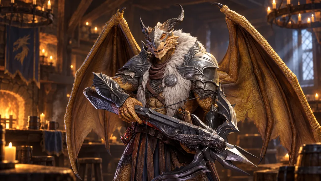 Роркеш из Watcher of Realms с арбалетом и раскрытыми крыльями
