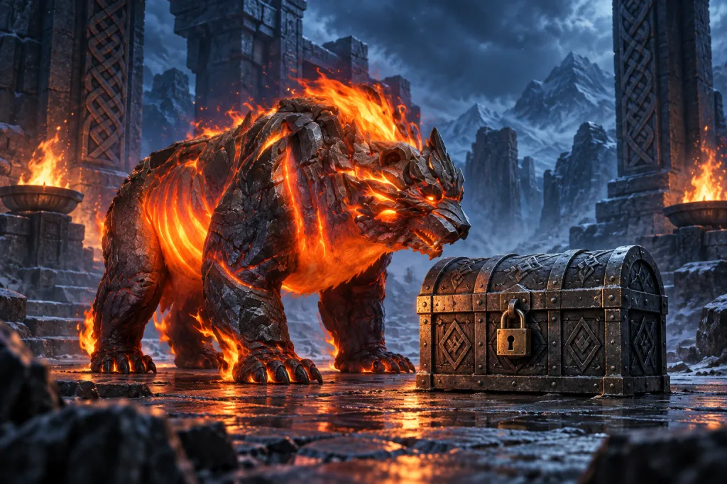 Огненный маунт Flame Bear рядом с закрытым сундуком