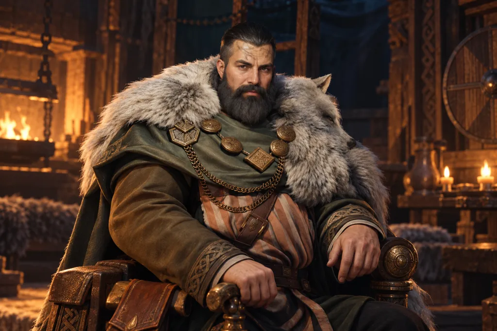 Торговец Viking Rise в светлом меховом плаще и зелёной тунике