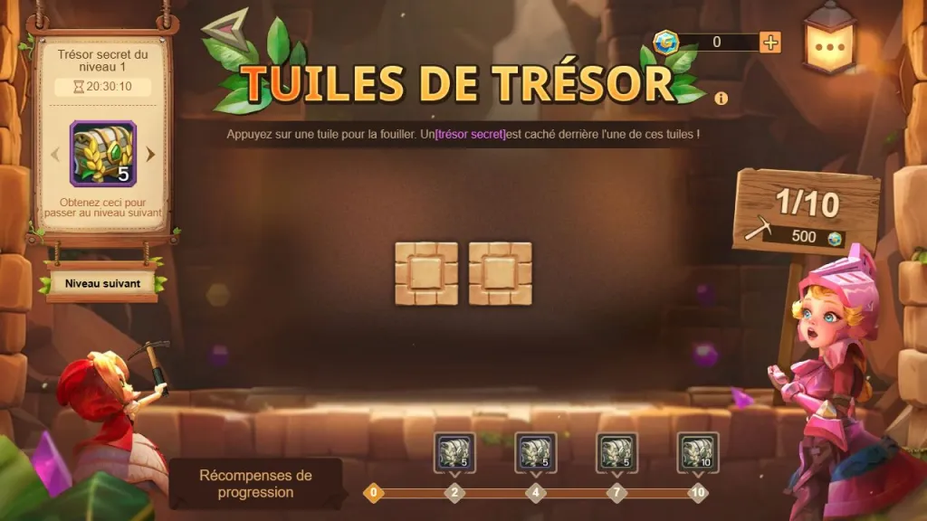 Treasure Tiles IGG: тайное сокровище слева, две закрытые плитки и указатель уровня 1/10