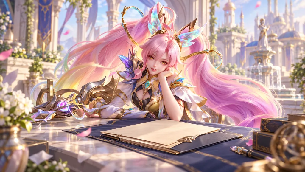Розововолосая героиня Mobile Legends возле папки с материалами аккаунта