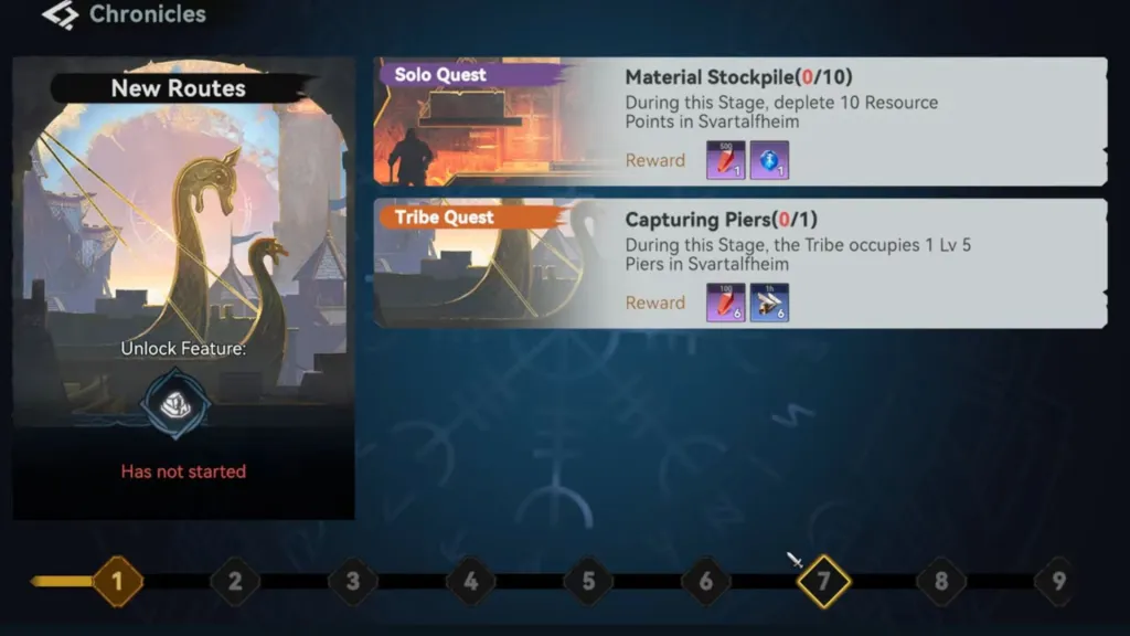 New Routes, этап 7: Material Stockpile 0/10, Capturing Piers 0/1 и надпись Has not started