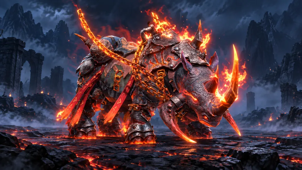 Infernal Beast: бронированный огненный маунт с раскалёнными рогами и цепями — иллюстрация по игровому референсу