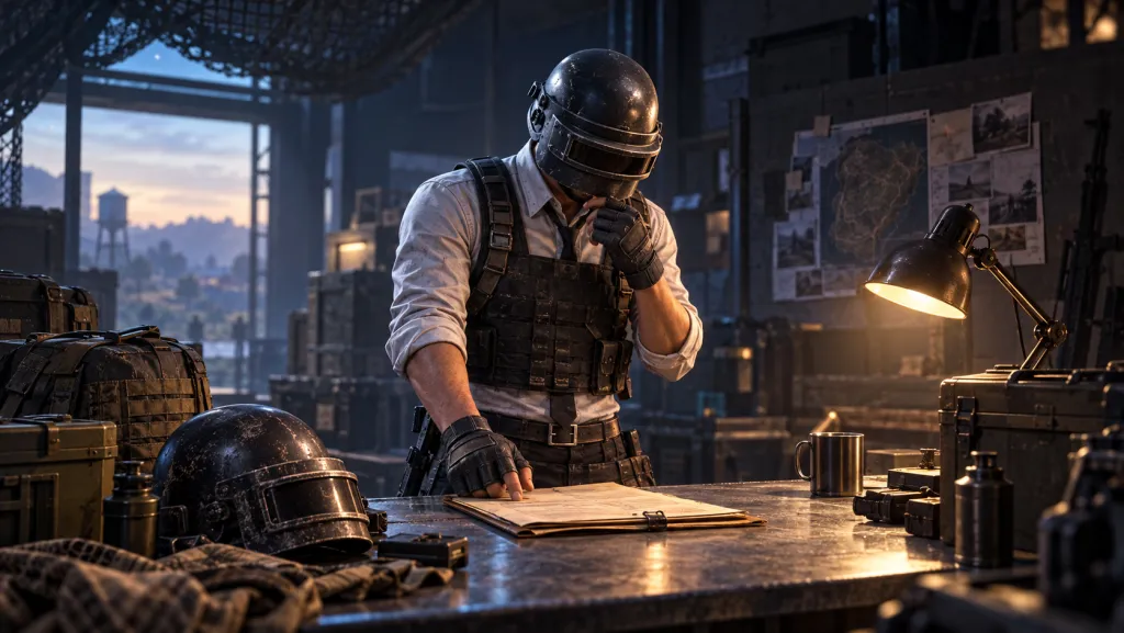 Боец PUBG Mobile в чёрном шлеме возле папки с материалами аккаунта