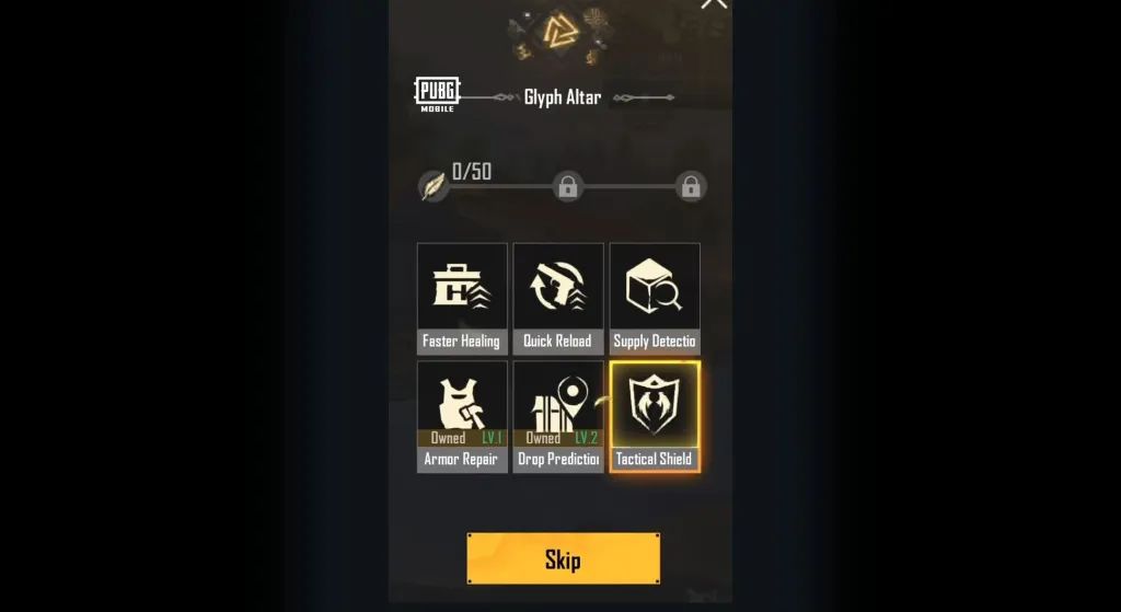 Оригинальный экран Glyph Altar: шесть навыков, отметки Owned Lv.1 и Lv.2