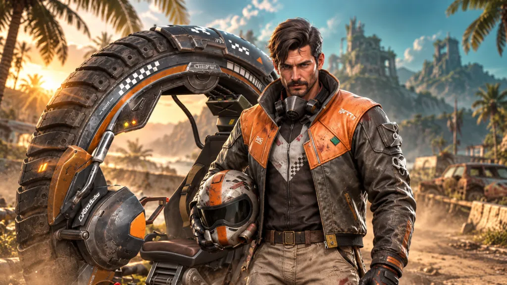 Felix in a black-and-orange jacket holding a helmet beside a ring-shaped motorcycle on an abandoned road.