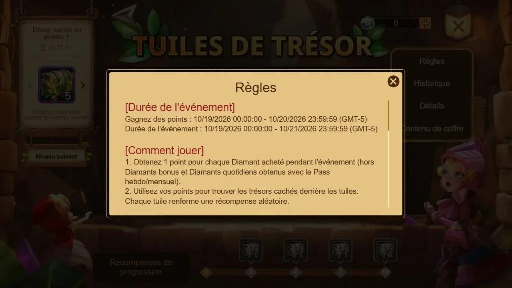 Сроки Treasure Tiles IGG: начисление до 20 октября и событие до 21 октября GMT−5, исключения для бонусных алмазов