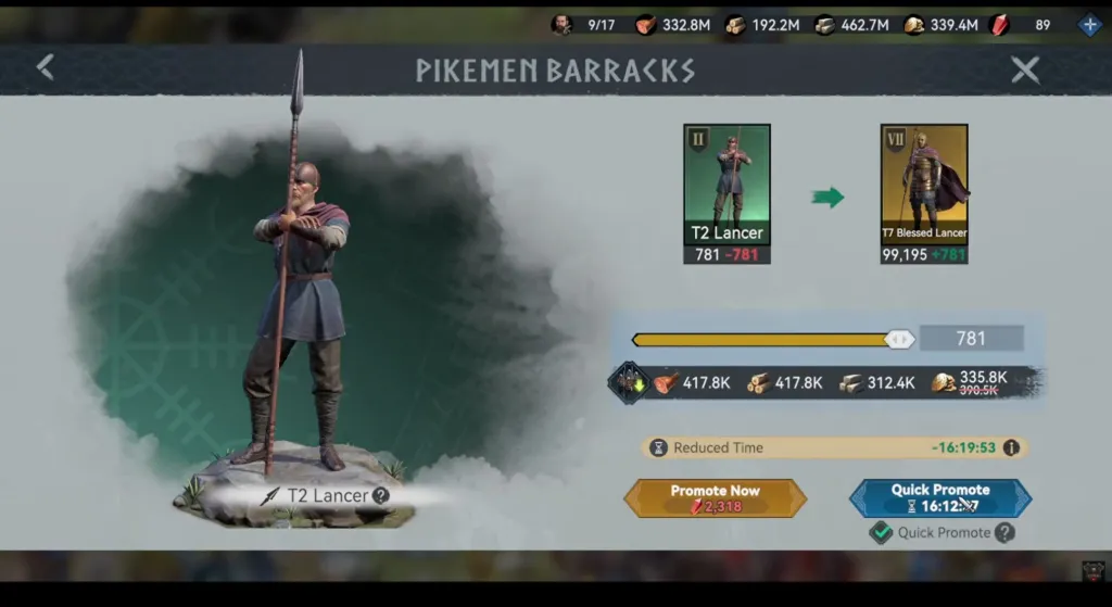Quick Promote: повышение 781 копейщика T2 Lancer до T7 Blessed Lancer, строка затрат и кнопка быстрого повышения