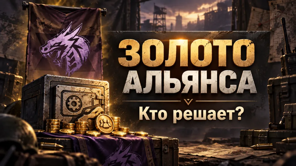 Сейф с золотом и фиолетовый флаг альянса: редакционная ИИ-иллюстрация по мотивам игрового меню Doomsday.