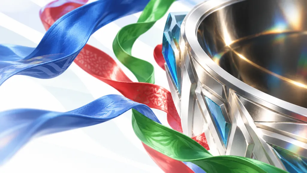 Part of a silver esports trophy with red, blue and green ribbons