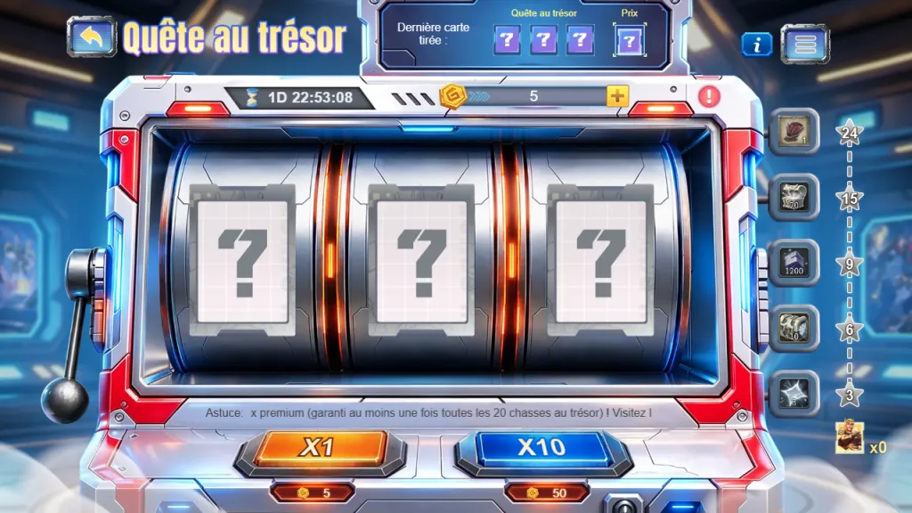 Оригинальный интерфейс Treasure Quest: три закрытые карты, X1 за5очков, X10 за50 и отдельная правая шкала героя