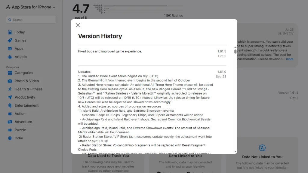 App Store version 1.61.0 history dated 28 September: Sebastian and Valeria Moretti delayed from 5 to 19 October UTC.