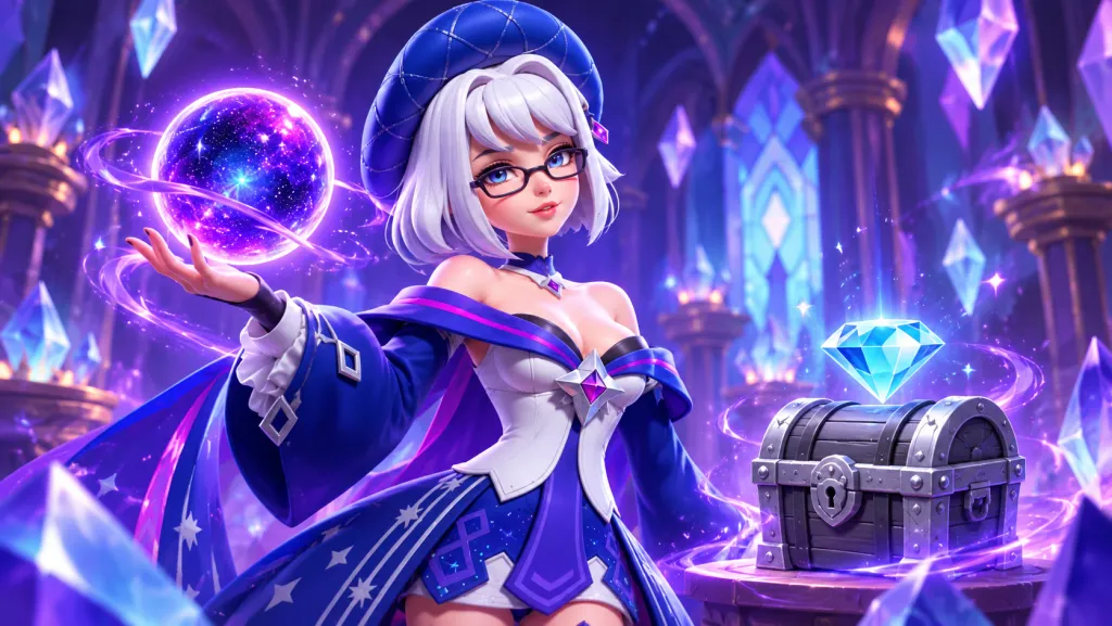 Волшебница Magic House из Lords Mobile с фиолетовым шаром, закрытым сундуком и голубым алмазом