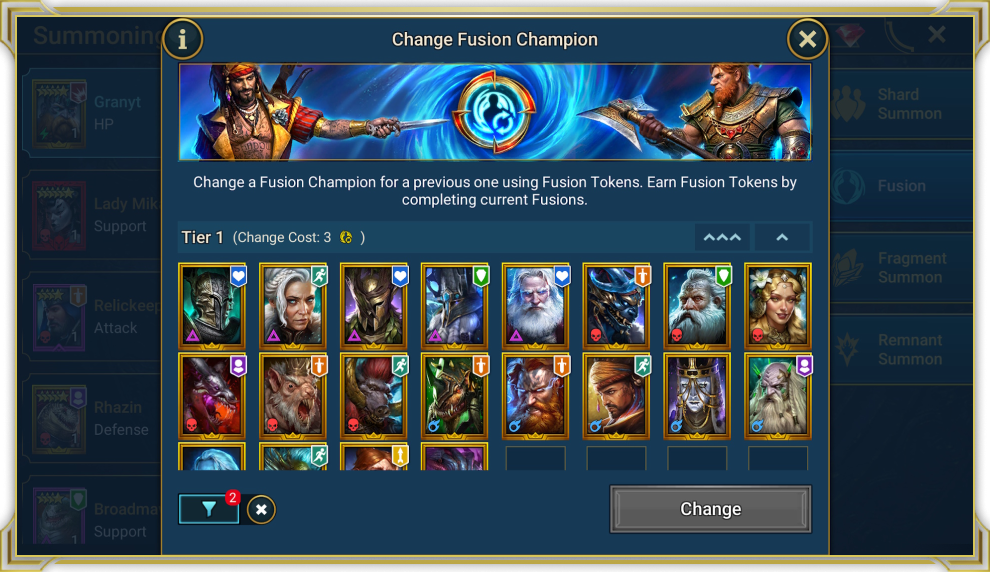 Меню Change Fusion Champion из справки Plarium: группа Tier 1 с ценой Change Cost: 3 и список героев.