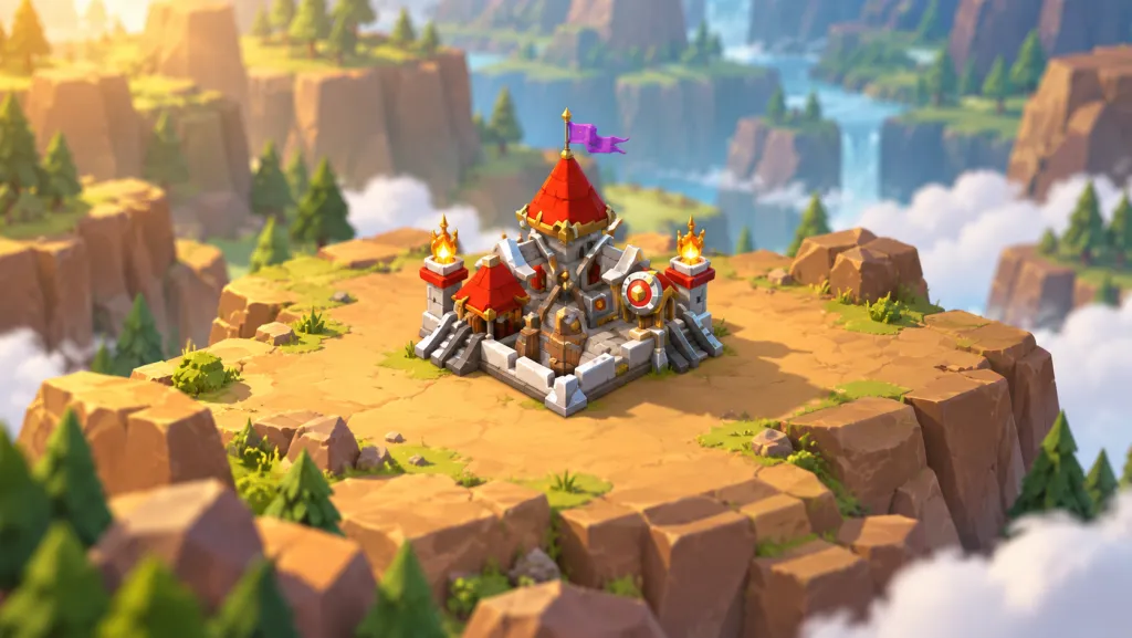 Казармы Lords Mobile с красной крышей и серыми лестницами на скалистой террасе; художественная иллюстрация по игровому референсу.