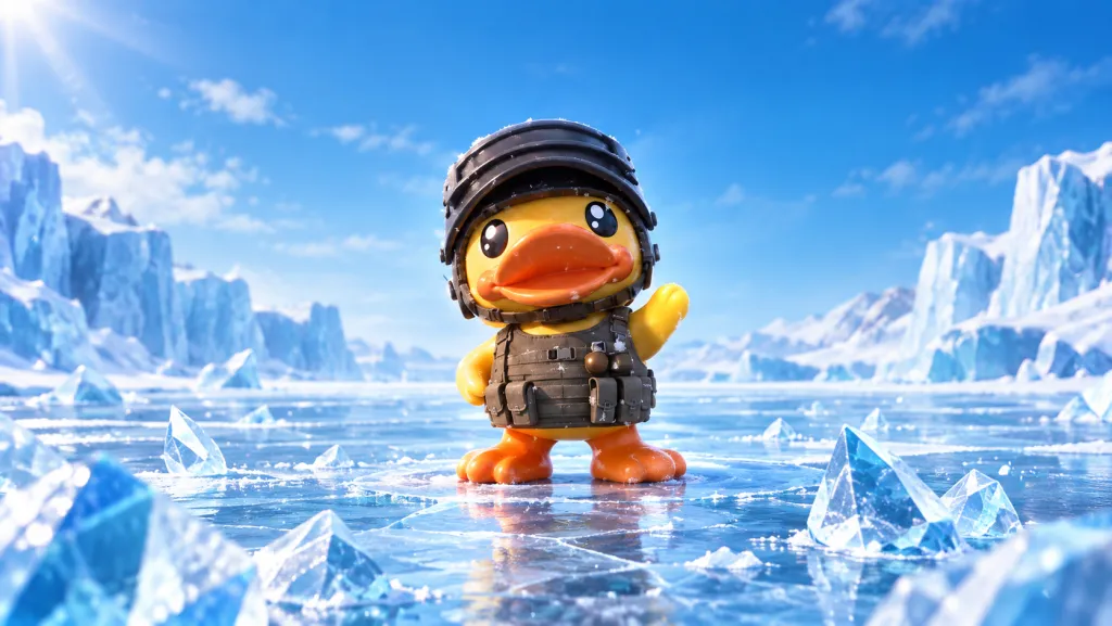 Жёлтая утка B.Duck в чёрном шлеме и тактическом жилете на ледяной арене