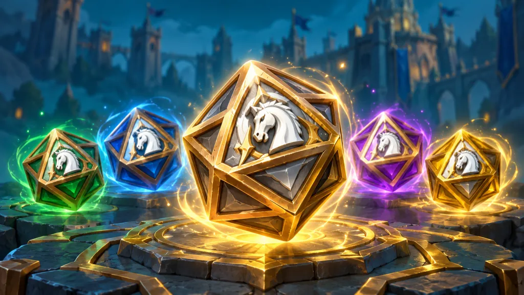 Пять кубиков перековки Lords Mobile с эмблемой коня: крупный светлый кубик и четыре цветных