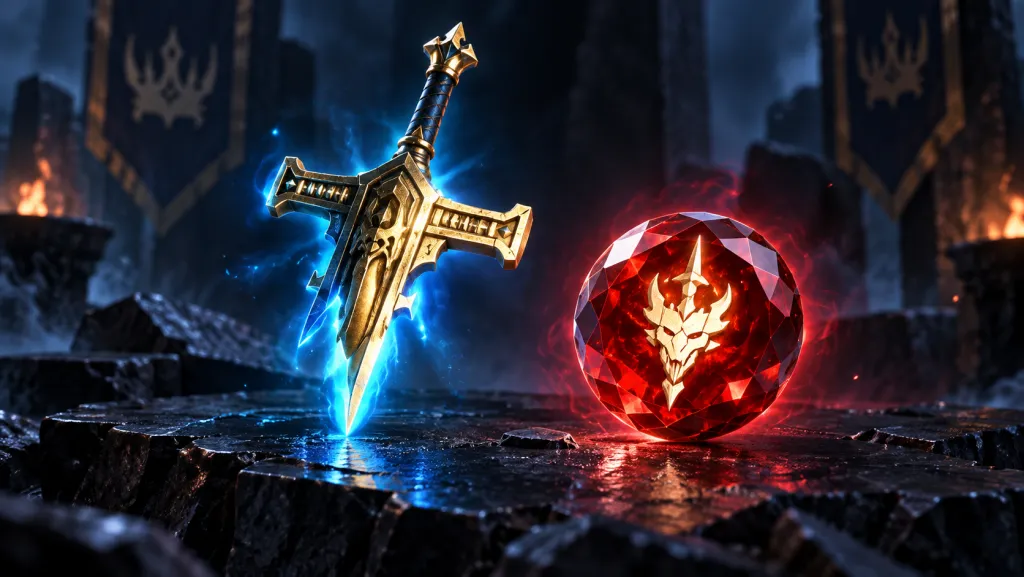 Реликвия Hallowed Hilt и красный Камень Boss Slayer из RAID — художественная иллюстрация по оригиналам Plarium.