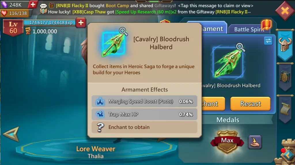 Вооружение Bloodrush Halberd: отдельные эффекты, кнопки Enchant и Recast и соседняя вкладка Battle Spirit