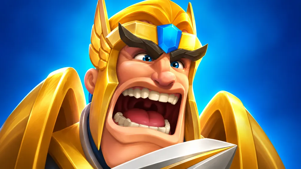 Персонаж Lords Mobile в золотом шлеме на синем фоне