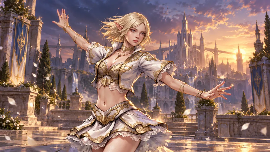 Светловолосая эльфийка Lineage II в бело-золотых доспехах на фоне замкового двора
