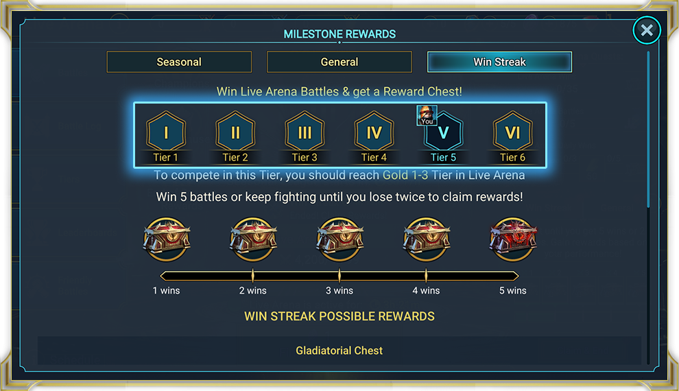 Правила Win Streak RAID: шесть лиг, пять ступеней сундуков и условие завершения после двух поражений.