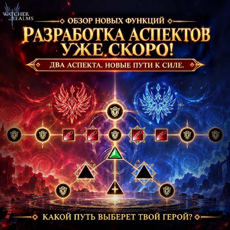 Официальная схема анонса развития аспектов: красная и синяя эмблемы, узлы и ячейки